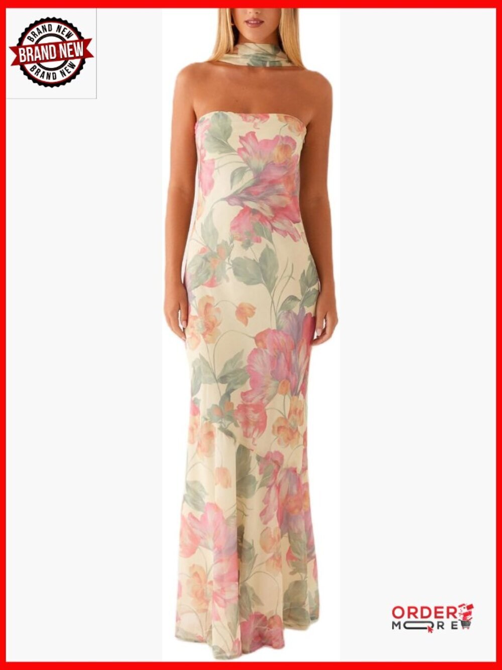Strapless Floral Tube Maxi Dress with Scarf Bodycon Formal